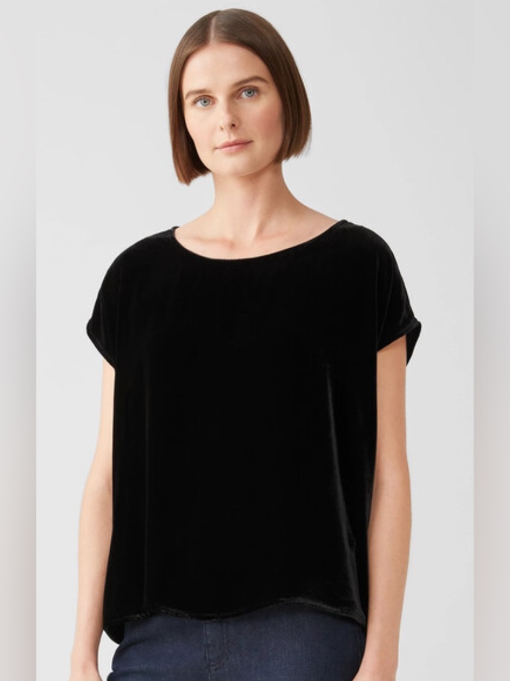 Eileen Fisher Black Velvet Silk Blend Ballet Neck Square Top Size XL